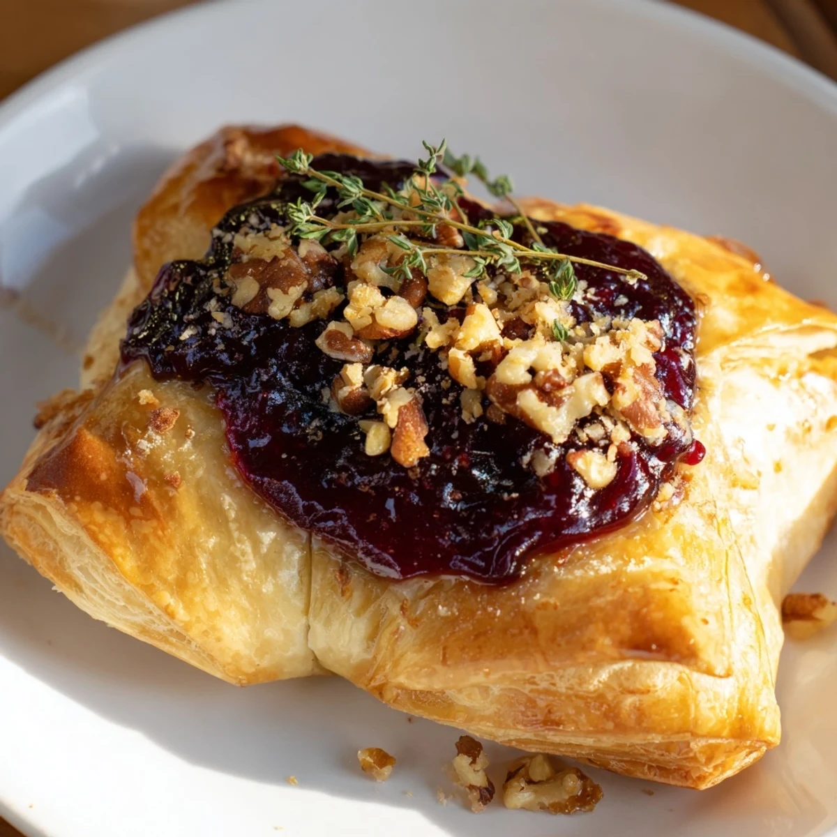 Golden pastry wrapped Baked Brie with Fig Jam: ready to serve for a stunning appetizer.