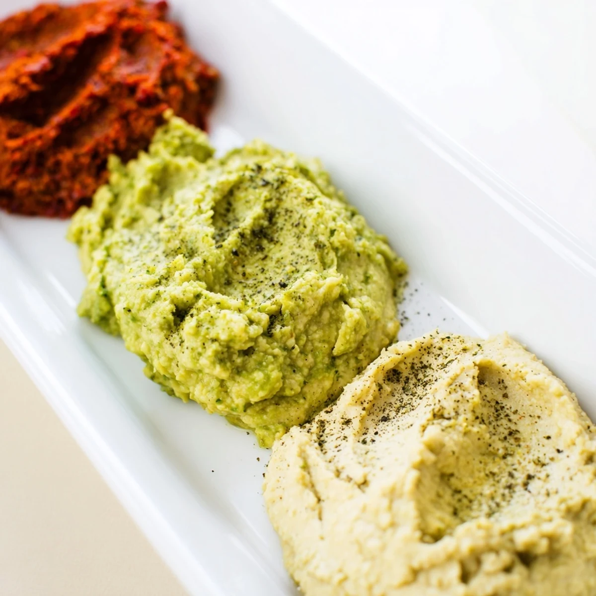 Vibrant Dip Trio: Creamy avocado, roasted pepper, and turmeric hummus dips ready for dipping and sharing.