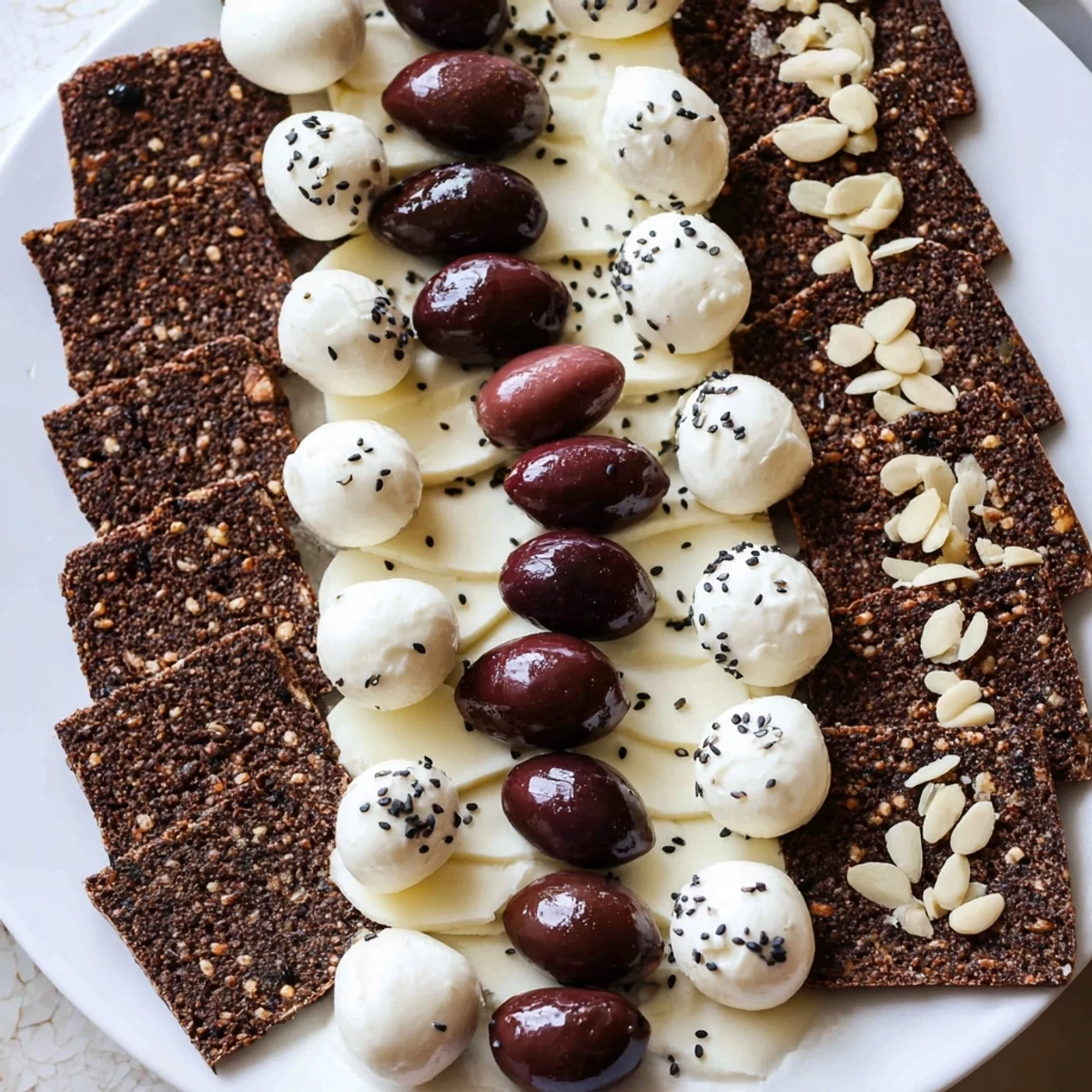 Elegant, geometric arrangement: A visually stunning Black and White Formal Affair appetizer, ready to serve and enjoy.