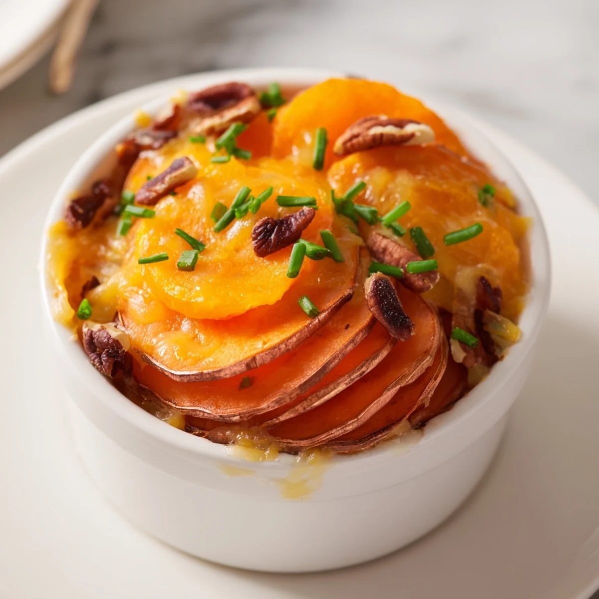 Copper Penny Warmth appetizer; a close-up shows layered sweet potatoes, carrots, apricots, and golden cheddar.