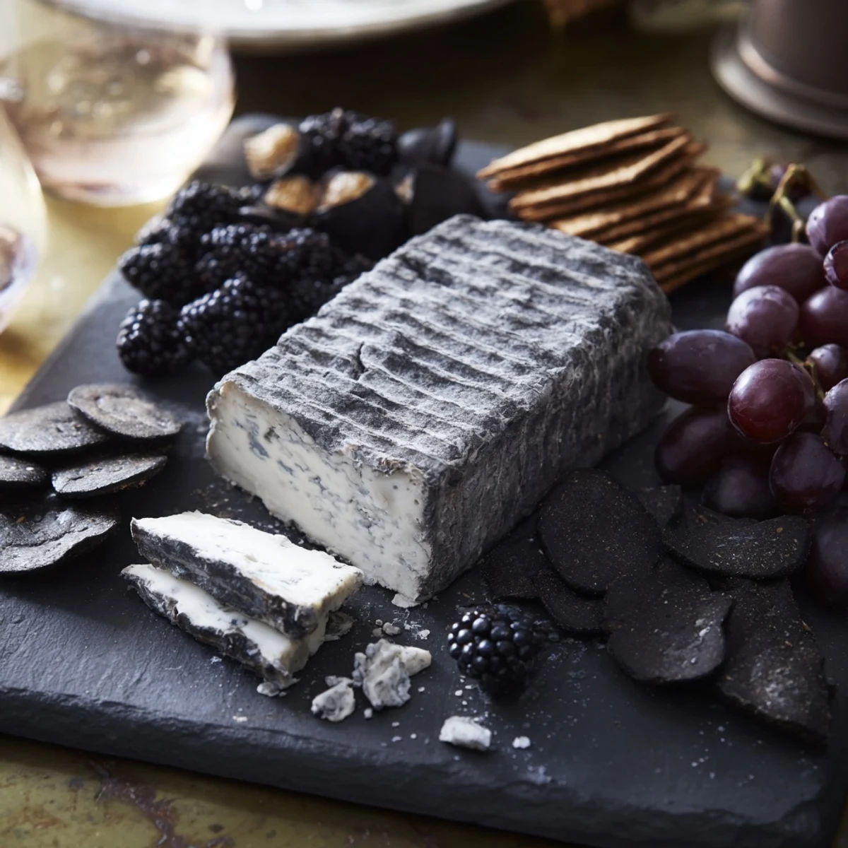 Elegant Monochrome Gray Stone Cheese Board, complete with ash-rinded cheeses, waiting to be served.
