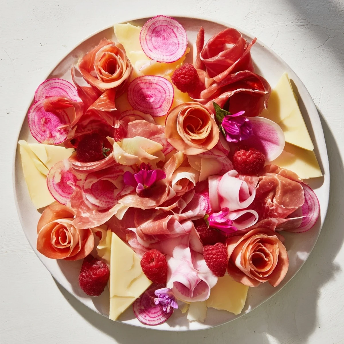 Elegant spring brunch idea: a Pink Petal Watercolor Wash featuring cheeses, fruits, and edible rose petals.
