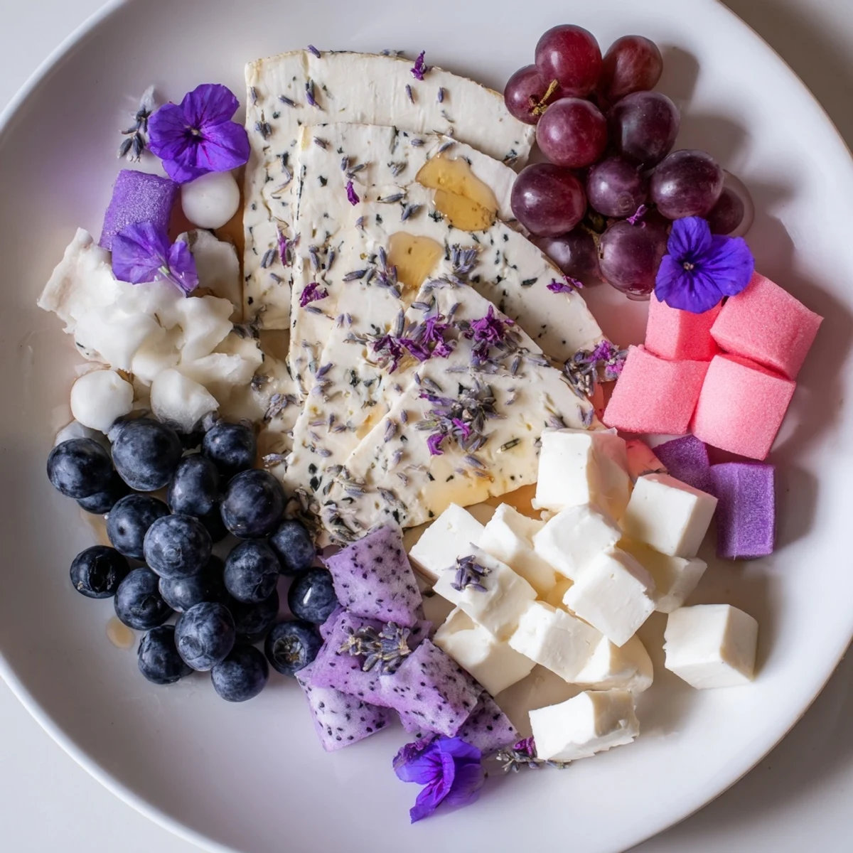 A beautiful Lavender Haze Dreamscape cheese board, perfect for a dreamy appetizer display.