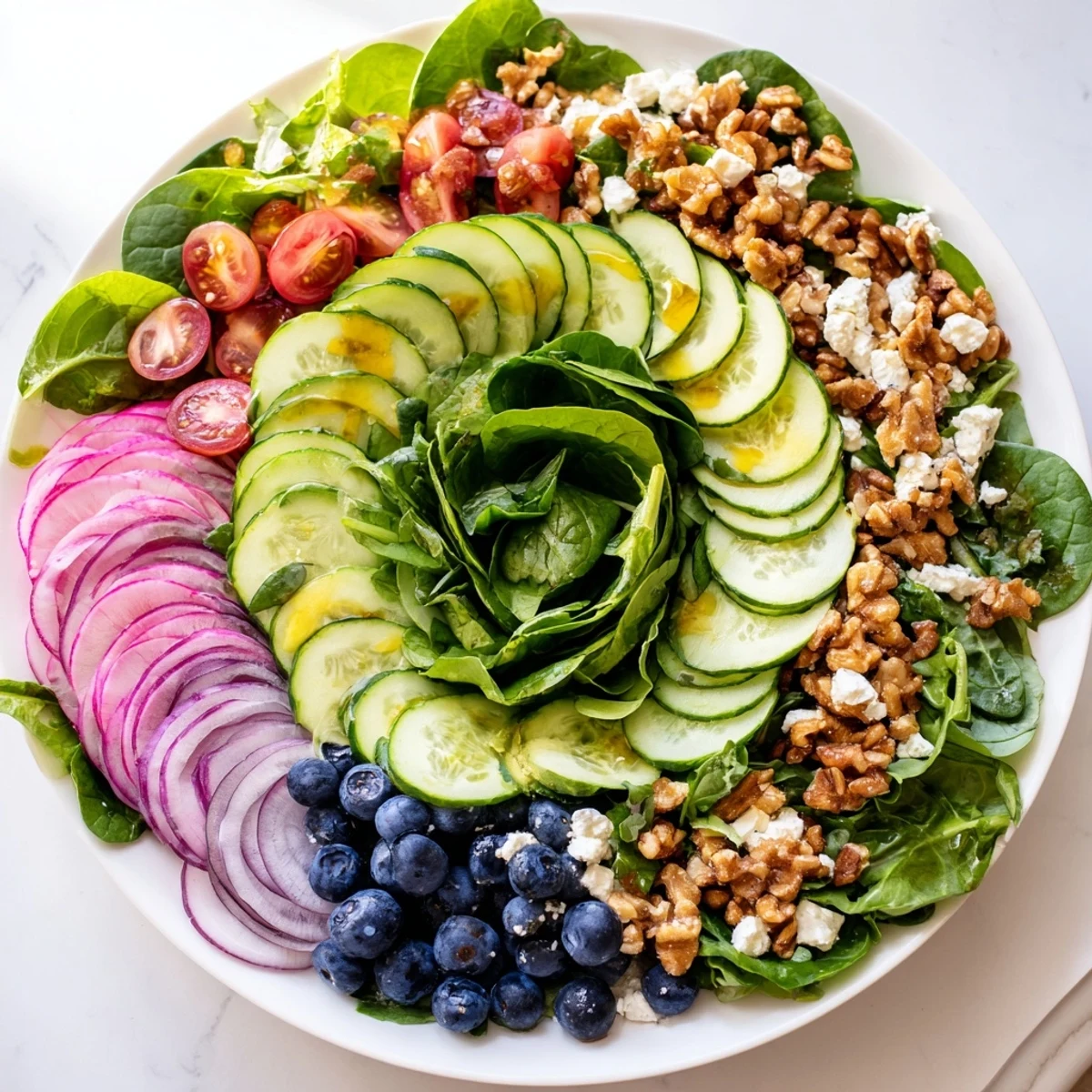 Vibrant Fibonacci Fan Salad with fresh greens, tomatoes, avocado, and creamy feta cheese, ready to enjoy.