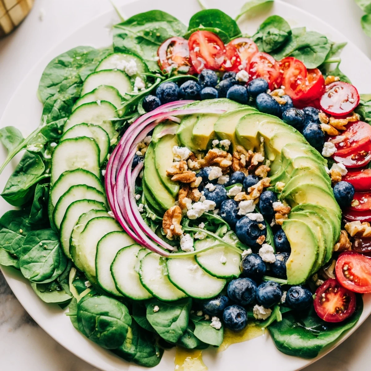 Close-up of the artfully arranged Fibonacci Fan Salad, showing off the perfectly balanced flavors and textures.
