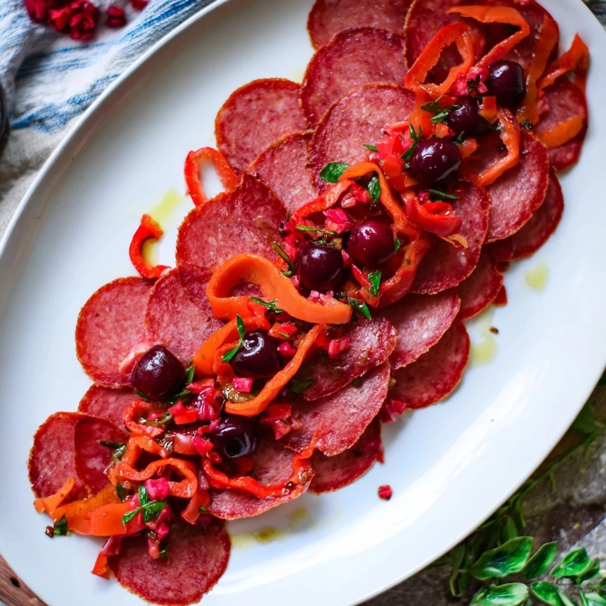 Delicious Crimson Tide appetizer featuring a bright S-curve with cherries and peppers.