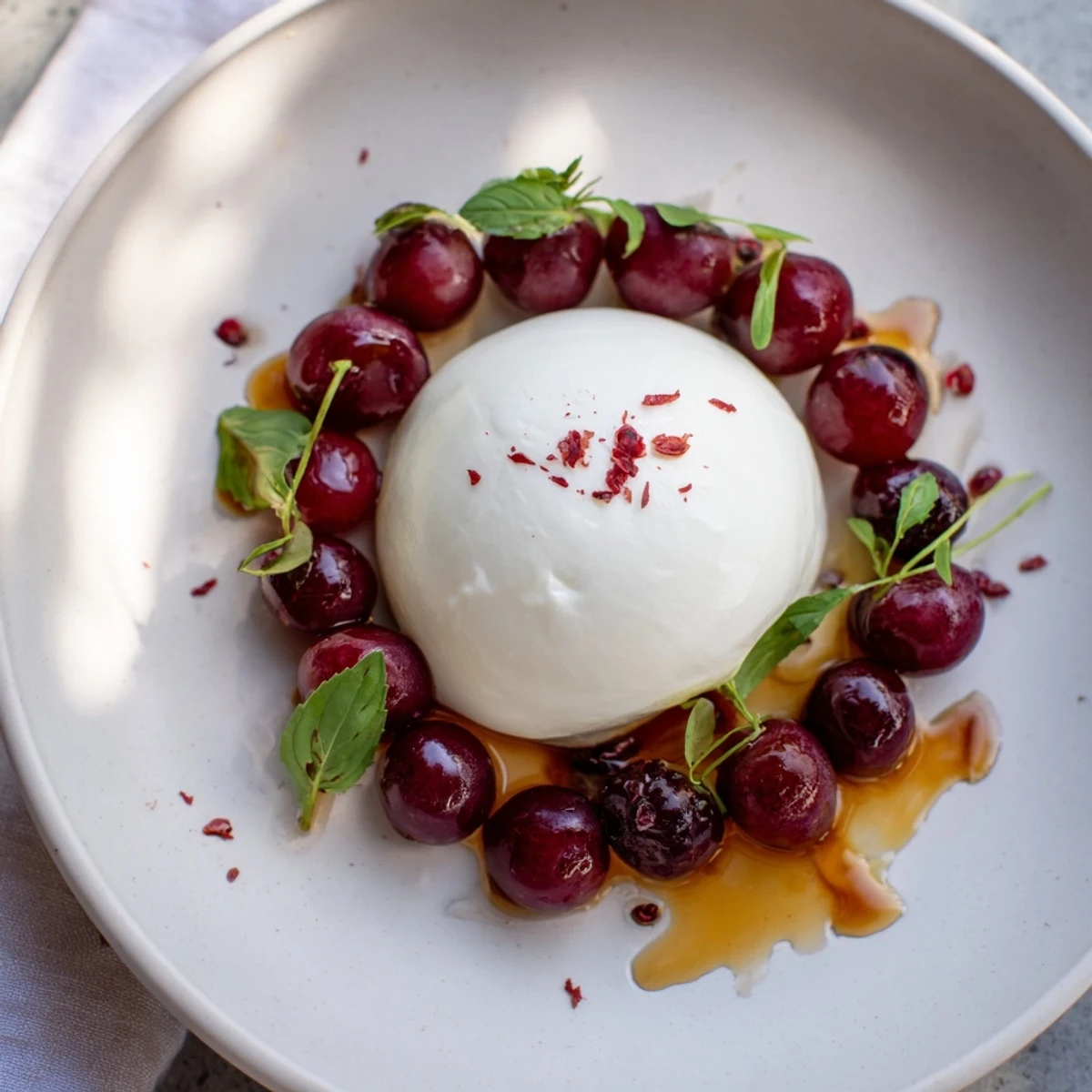The Moonlit Lagoon salad features creamy burrata surrounded by juicy blueberries and grapes.