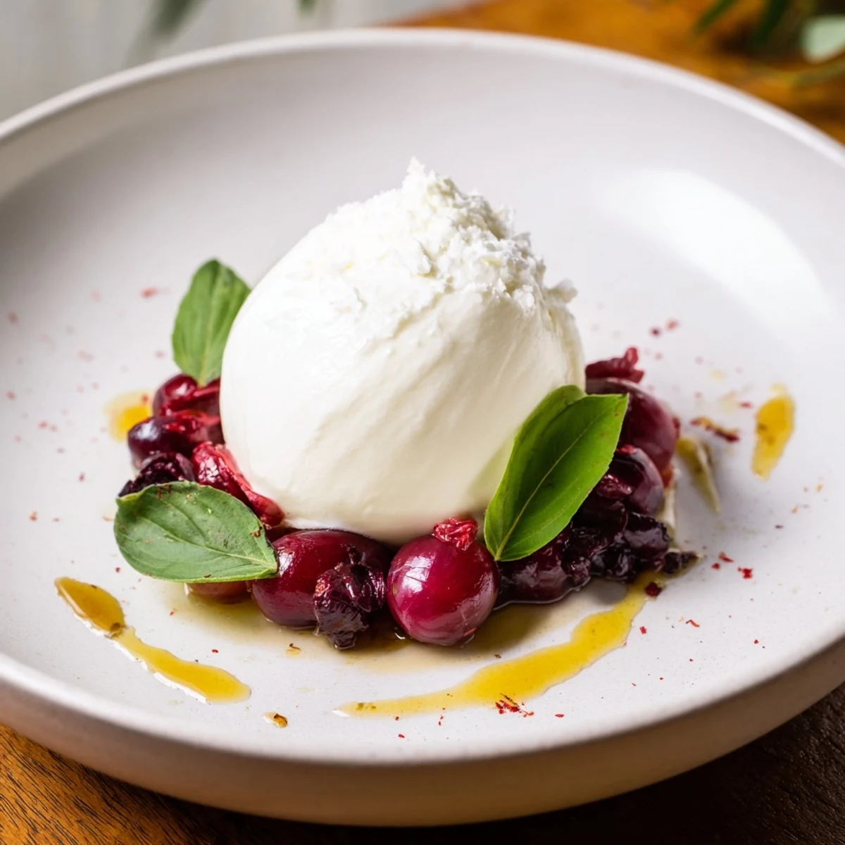 This vibrant Moonlit Lagoon salad showcases fresh basil, balsamic glaze, and a soft, white burrata center.