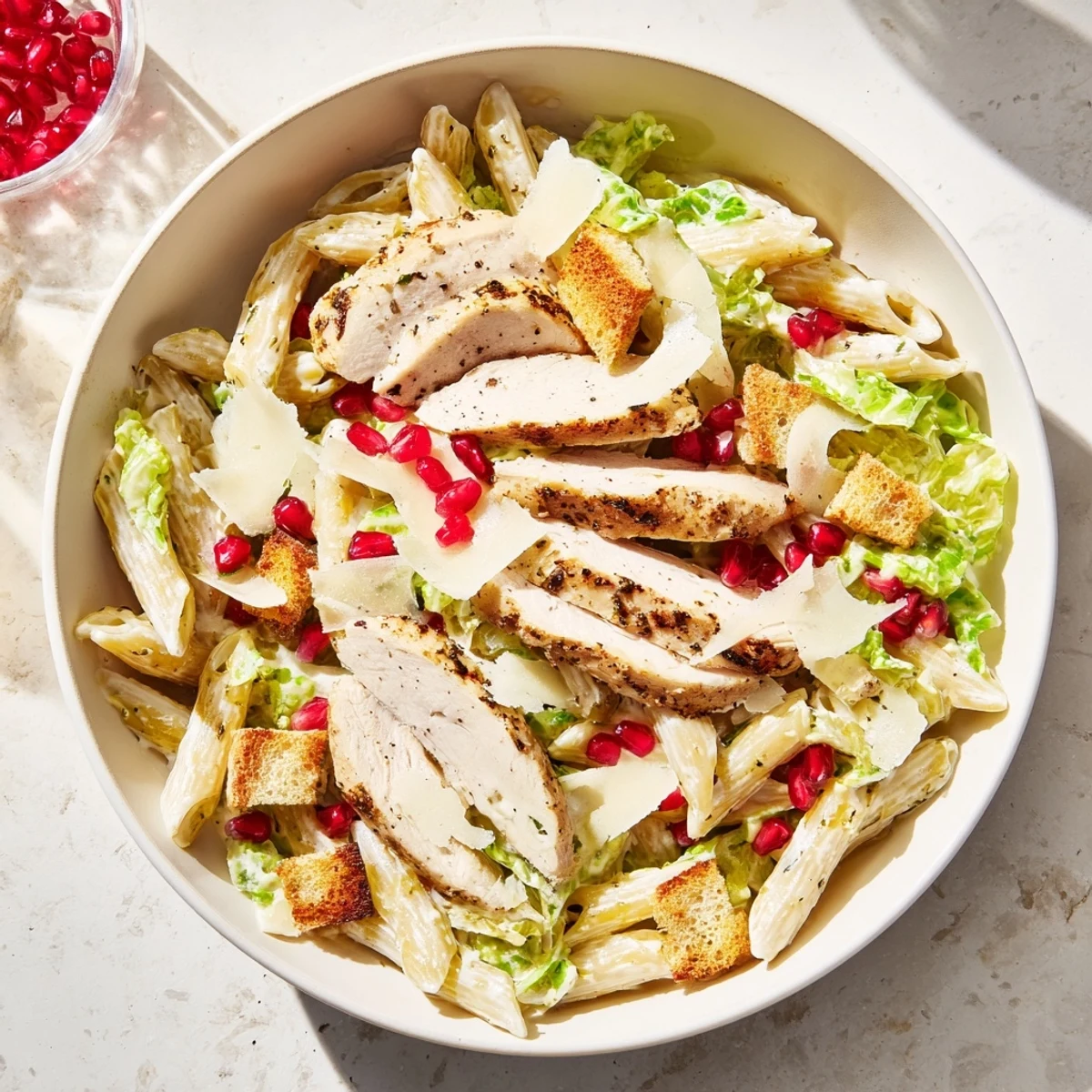 A close-up of Chicken Caesar Pasta, with pomegranate jewels adding sweet-tart flavor and vibrant color.