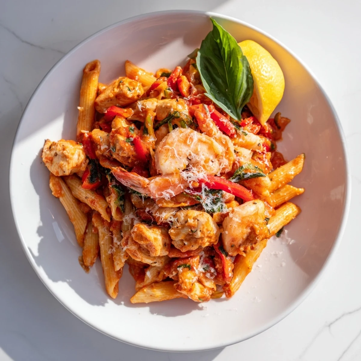 One-Pot Diavola Pasta with shrimp showcasing the fiery red sauce, cooked shrimp, and perfectly cooked pasta.