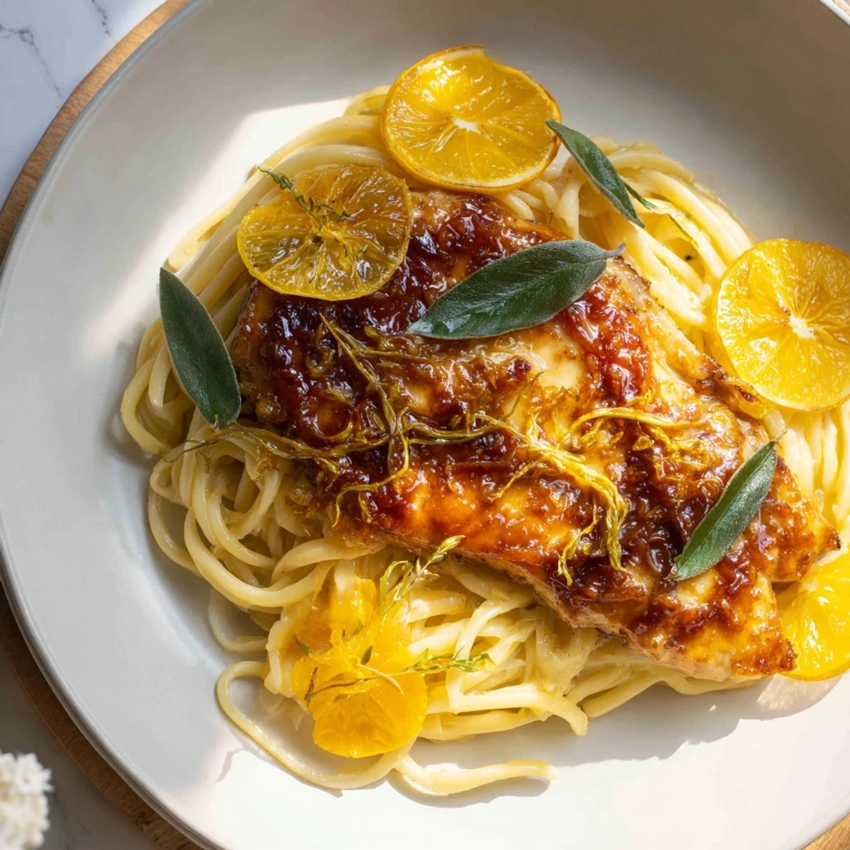 Golden crust atop sliced lemon brûlée chicken complements the creamy pasta in this recipe.
