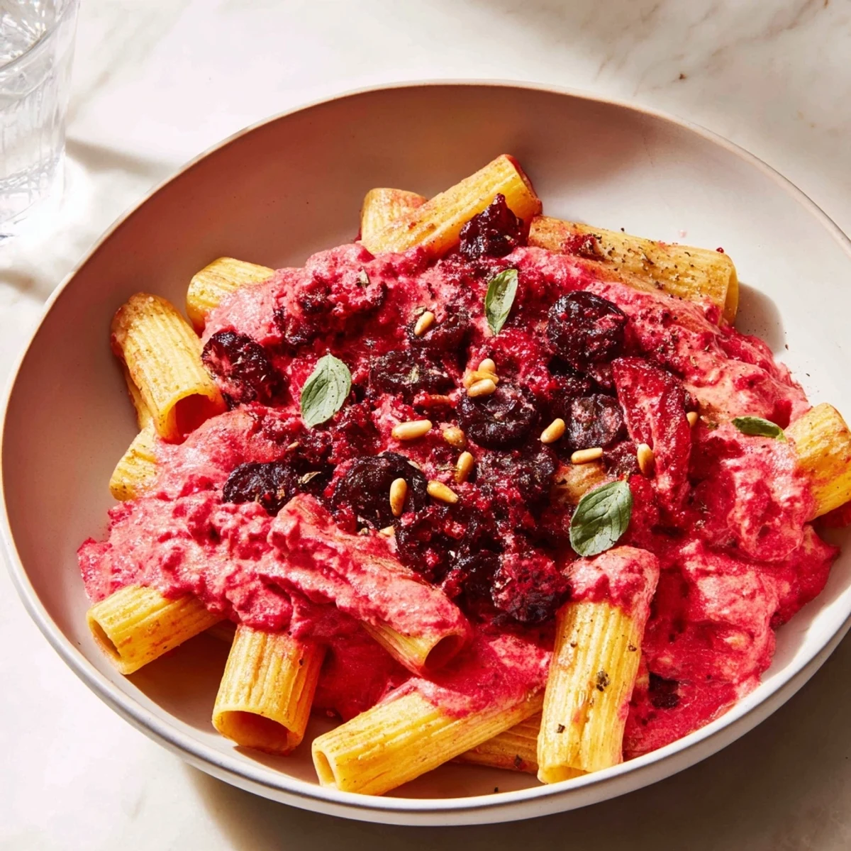 A stunning close-up of Pasta with Roasted Grapes with creamy ricotta and fresh herbs, ready to serve.
