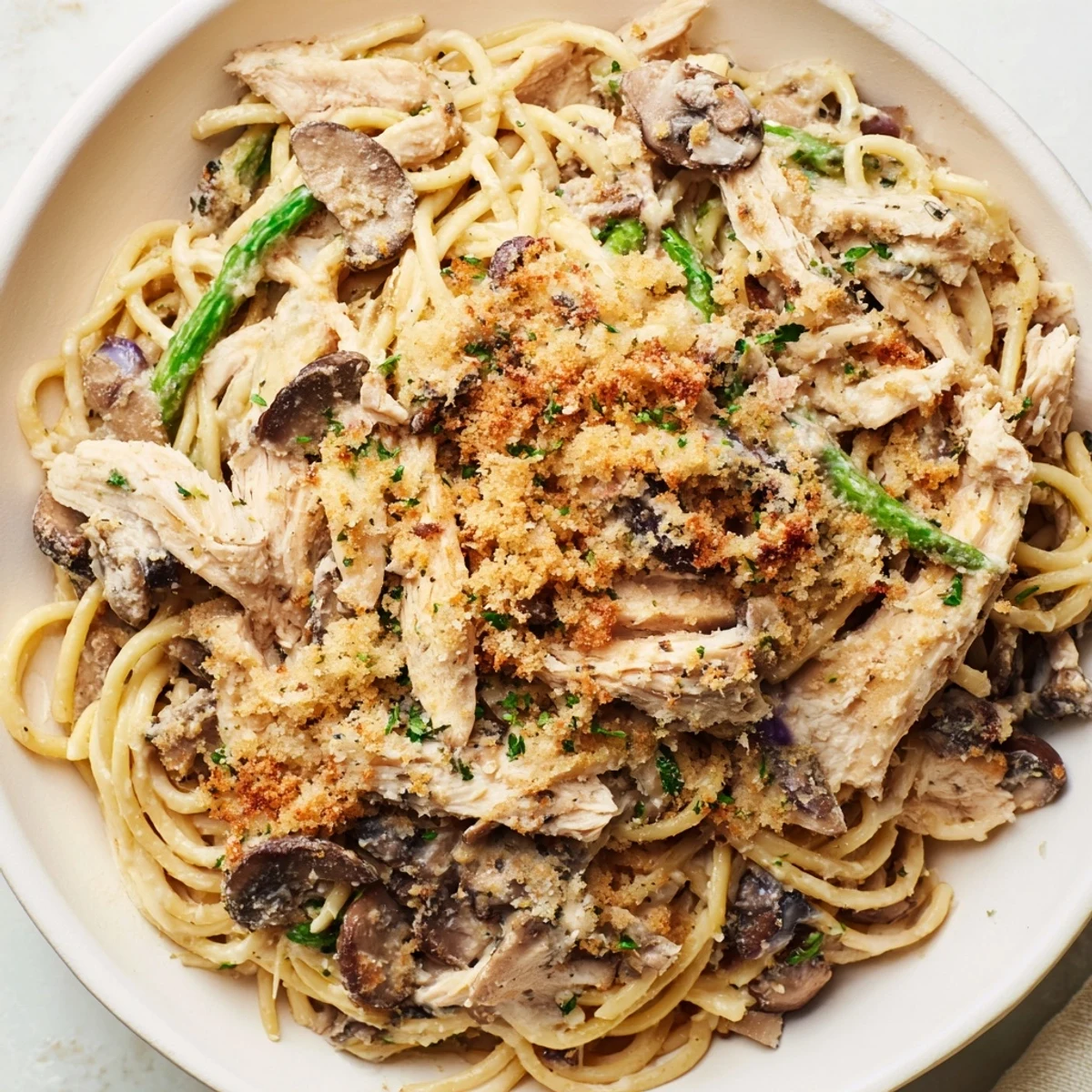 A close-up of a savory and delicious Turkey Tetrazzini, ideal for using up leftovers.