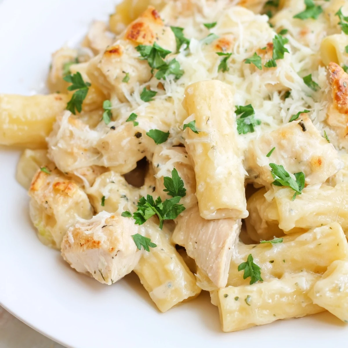 Golden, bubbly Chicken Alfredo Bake overflowing with creamy sauce and melted cheese, ready to serve.