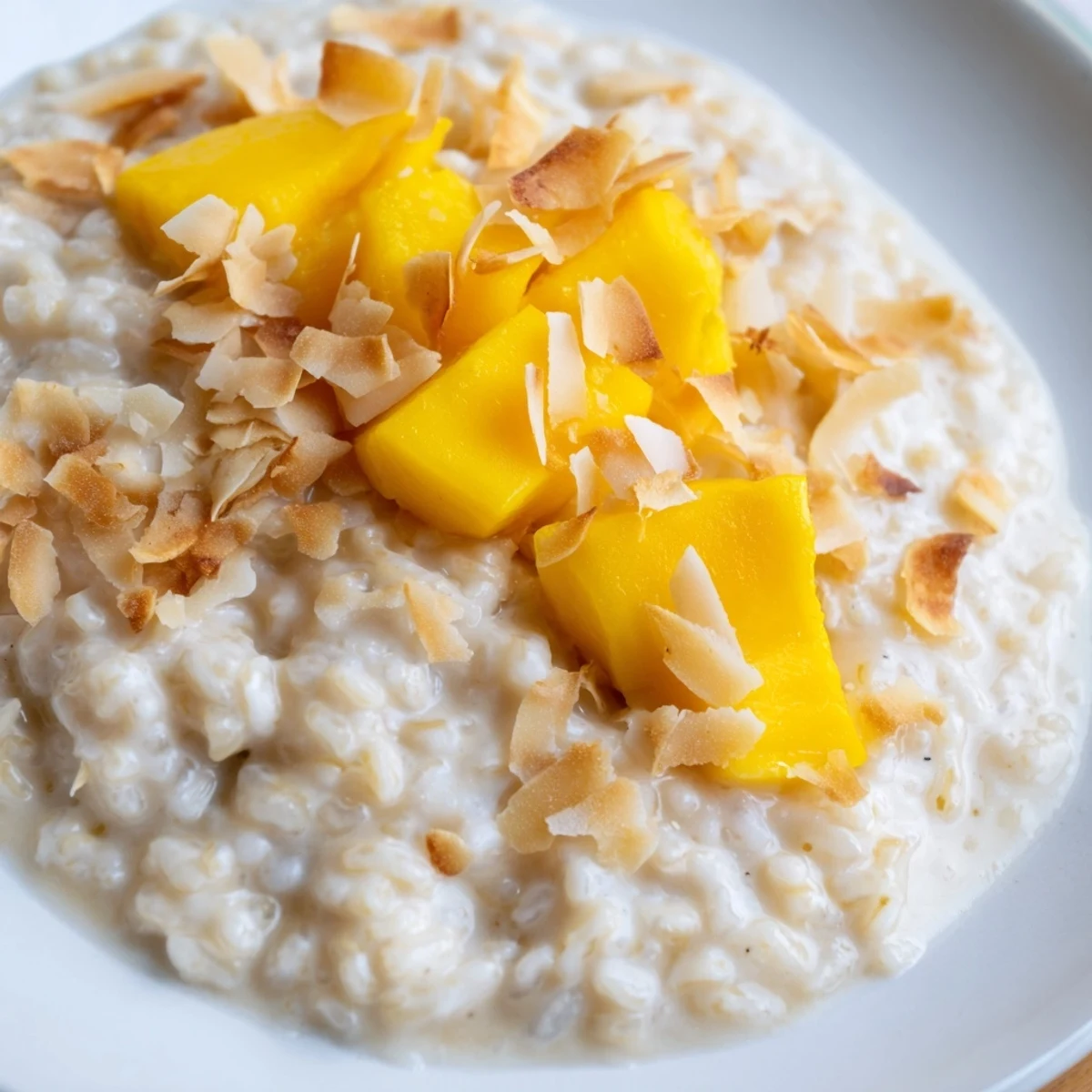 Warm and creamy toasted coconut rice pudding, garnished with golden coconut flakes, ready to spoon.