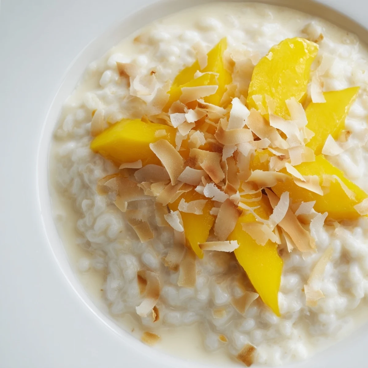 A generous serving of comforting toasted coconut rice pudding, a delightful dessert with tropical flair.