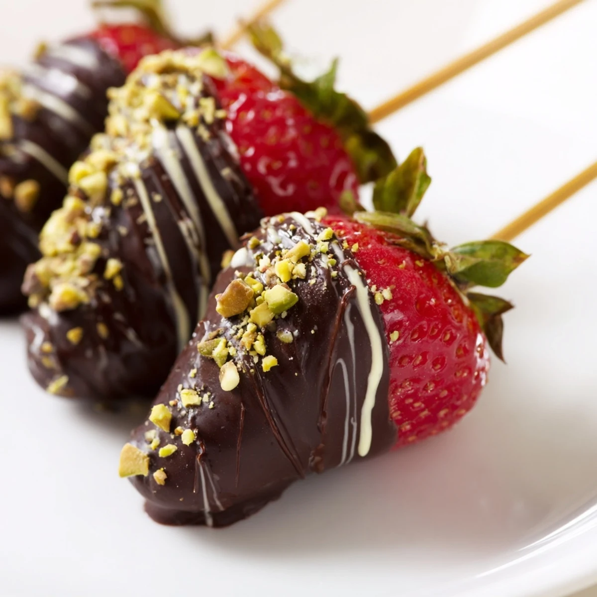 Fresh, vibrant Chocolate-Dipped Strawberry Skewers, a delightful dessert with glossy chocolate coating.