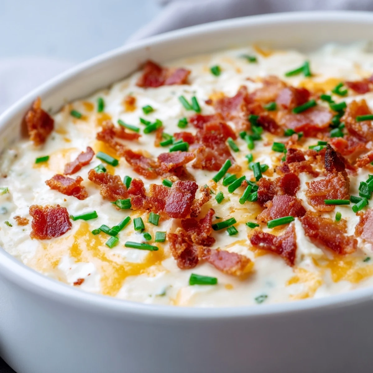 Golden, bubbly Cheesy Bacon Ranch Dip, served warm with tortilla chips for a party snack.