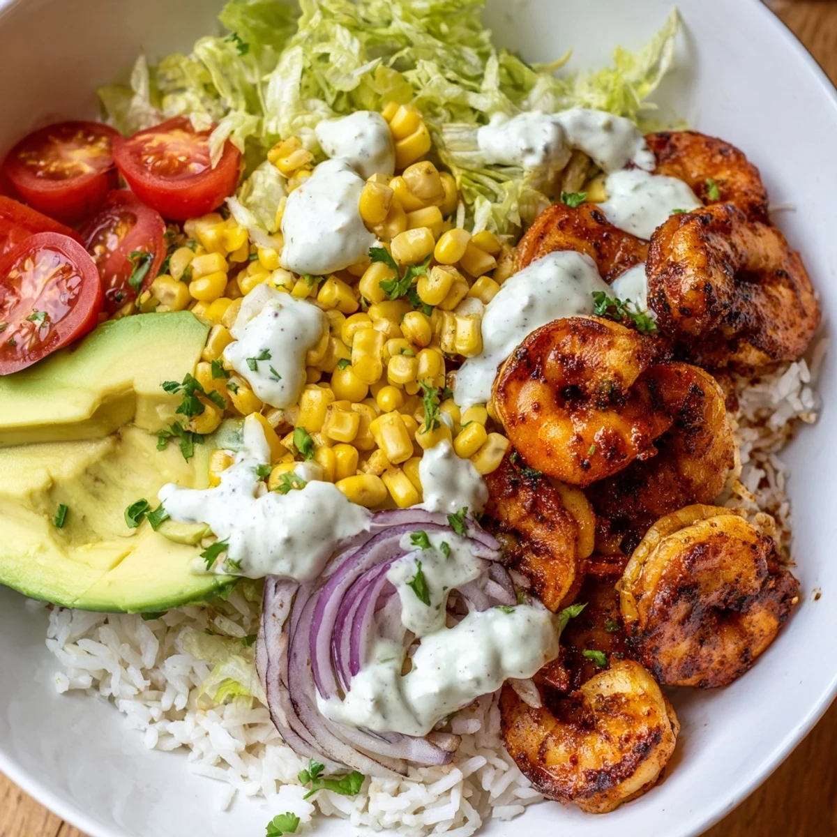 Close-up of a flavorful Cajun shrimp taco bowl with a creamy sauce drizzled over fresh ingredients, so delicious.