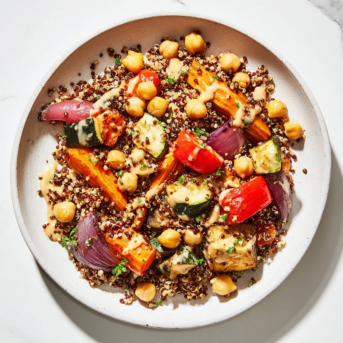 Vibrant Quinoa Power Salad with roasted vegetables, chickpeas, and creamy tahini dressing, delicious.