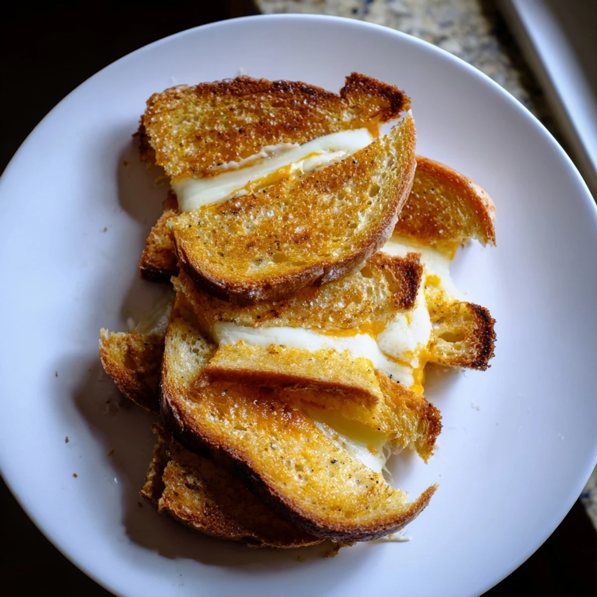 Garlic Butter Mayo Grilled Cheese: golden, bubbly cheese oozes between toasted sourdough, a simple comfort food.