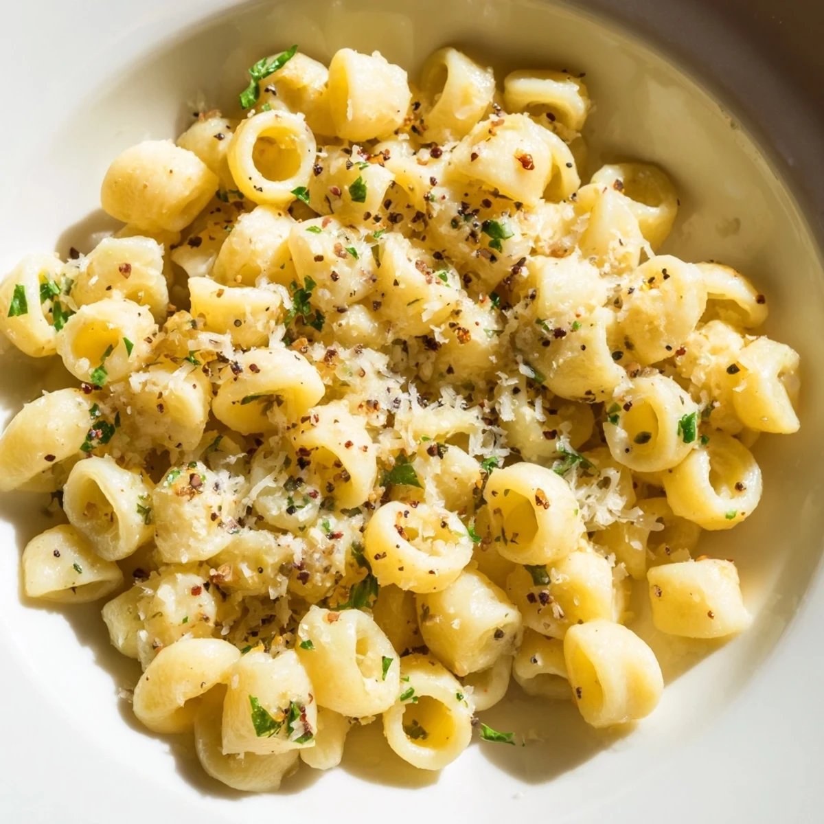 Silky, glossy 15-Minute Creamy Garlic Butter Ditalini pasta, garnished with fresh parsley and cheese.