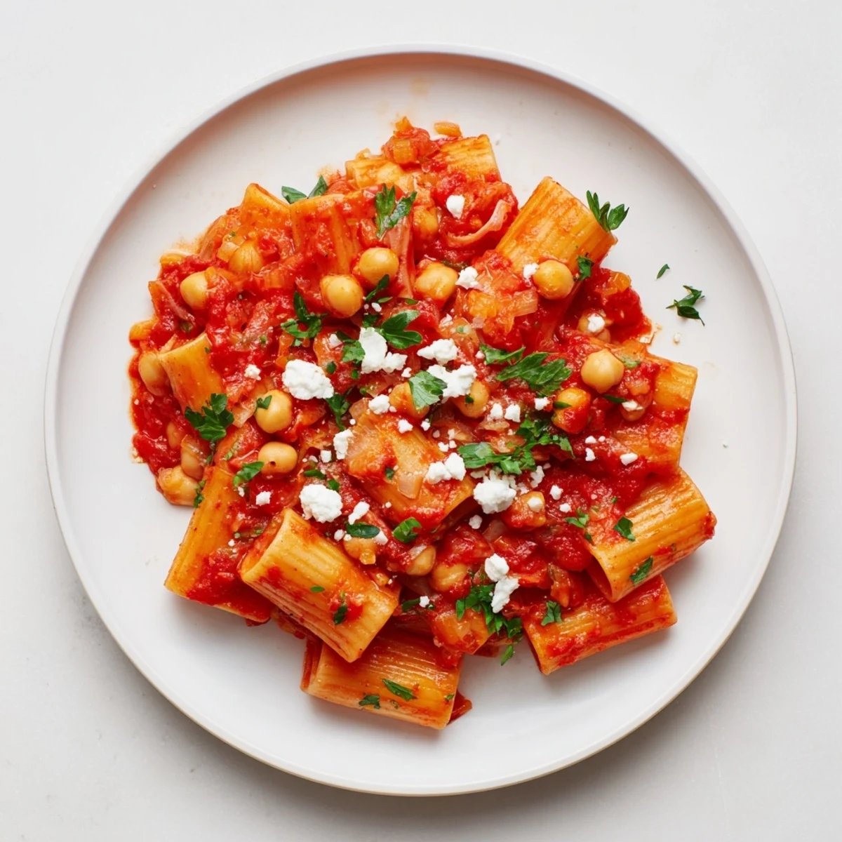 A steaming bowl of harissa chickpea pasta, vibrant Mediterranean flavors ready to enjoy.