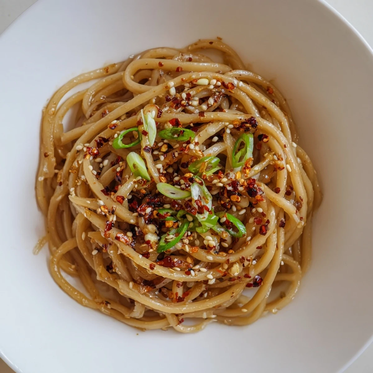 Steaming bowl of Garlic Chili Oil Noodles with bright green scallions and sesame seeds.