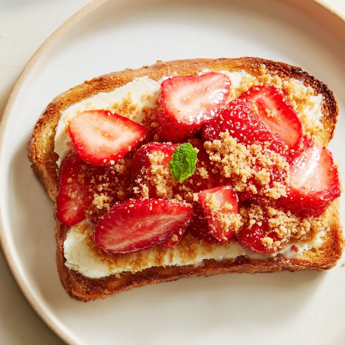 Strawberry Cheesecake Toast: A delightful close-up of creamy, strawberry-topped toast on a plate.