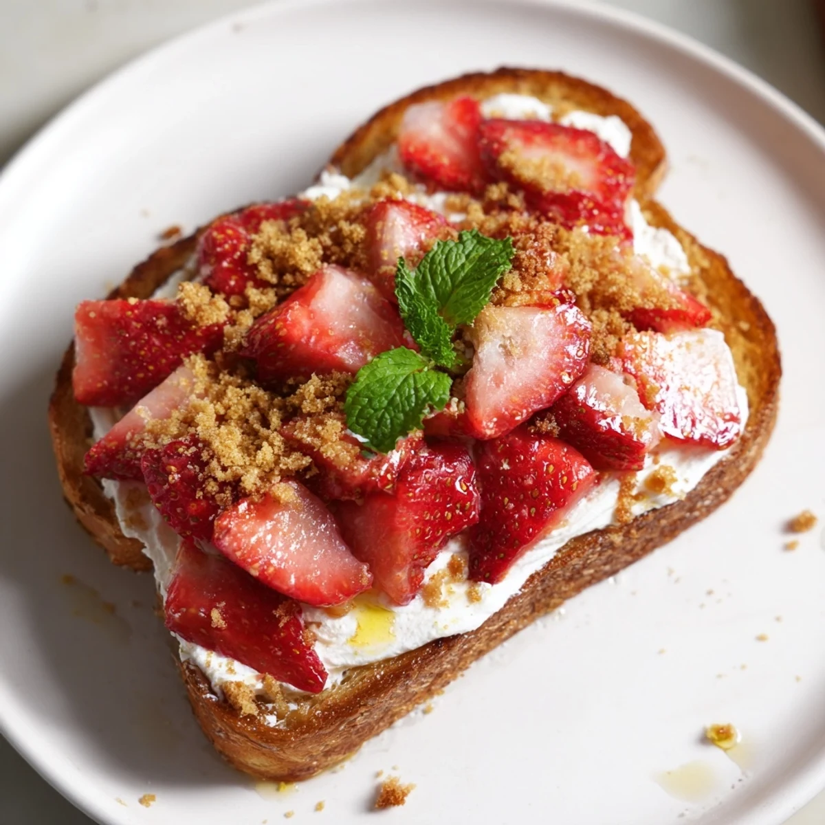 Golden-brown Strawberry Cheesecake Toast with macerated strawberries, a perfect breakfast or brunch idea.