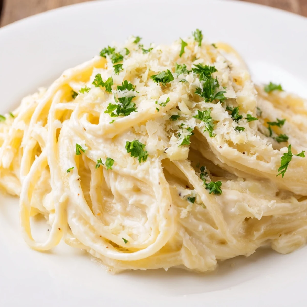 A visually appealing shot of the easy Pasta Alfredo Cottage Hack, ready to be enjoyed with extra Parmesan.