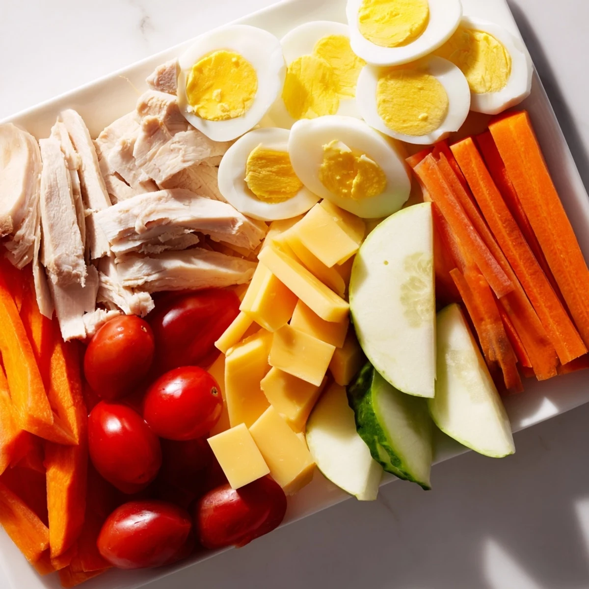 Colorful Protein Snack Boxes, featuring chicken, eggs, cheese, and fresh veggies, ready to enjoy.