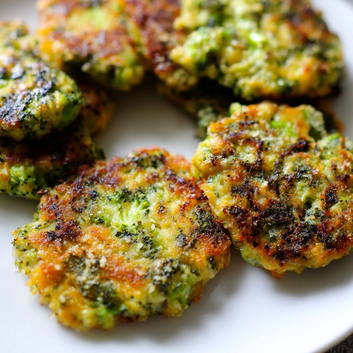 Golden-brown cheesy broccoli patties, crispy on the outside, ready for a delicious vegetarian meal.