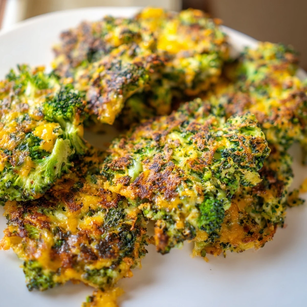 Close-up of freshly fried cheesy broccoli patties, showcasing a hearty, savory homemade meal.