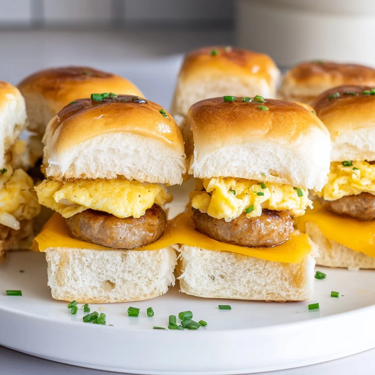 Savory sausage and sweet maple syrup create delicious layers in these mini breakfast sliders, ready to eat!