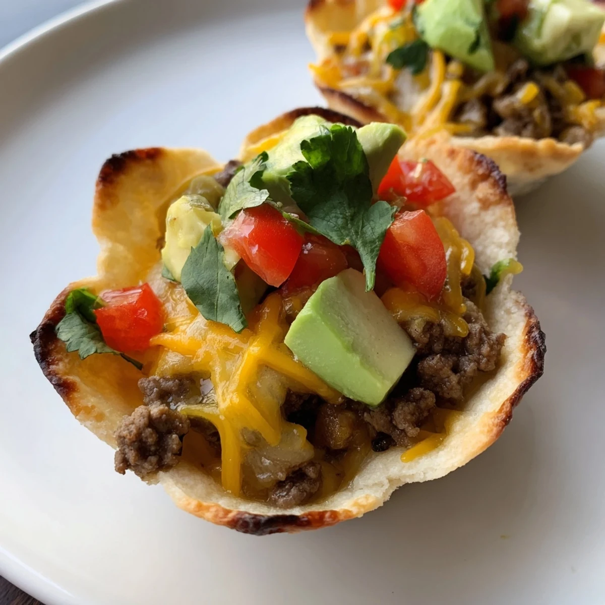 Golden-brown Mini Taco Cups with a variety of toppings, a delicious party appetizer.