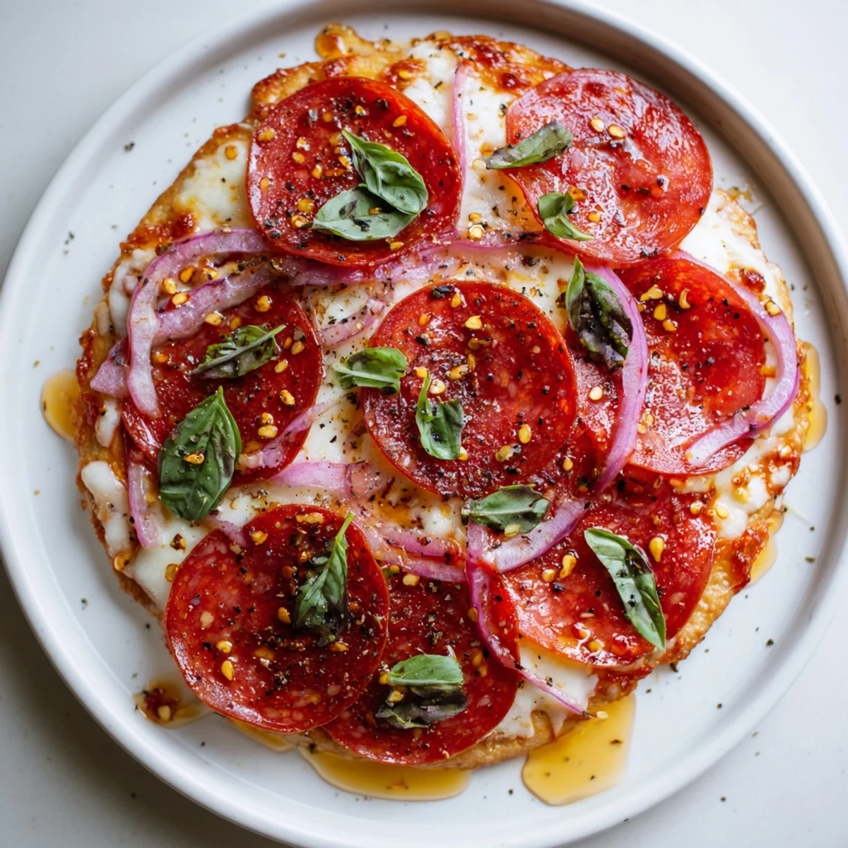 Hot Honey Pepperoni Flatbread, dripping with honey, bubbly mozzarella, and spicy pepperoni, ready to enjoy.