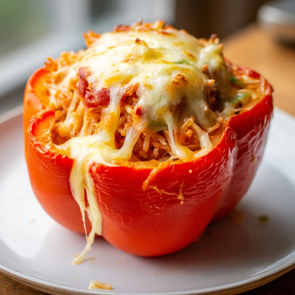 Golden, bubbly Cheesy Chicken Stuffed Peppers, a delicious family dinner, ready to serve and enjoy.