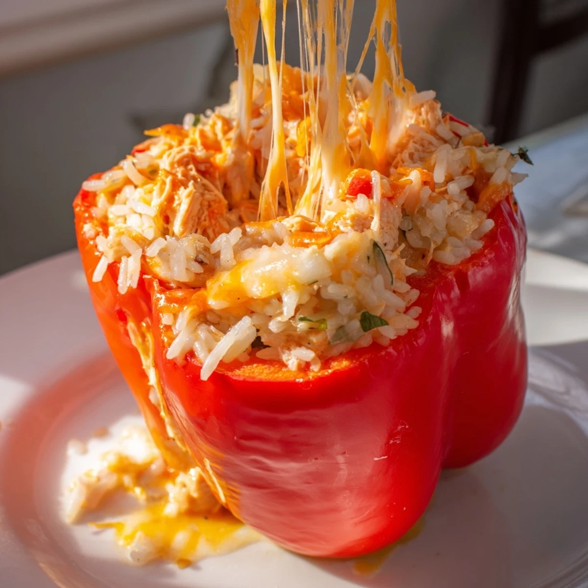 A close-up of baked Cheesy Chicken Stuffed Peppers, stuffed with savory chicken and melting cheese.