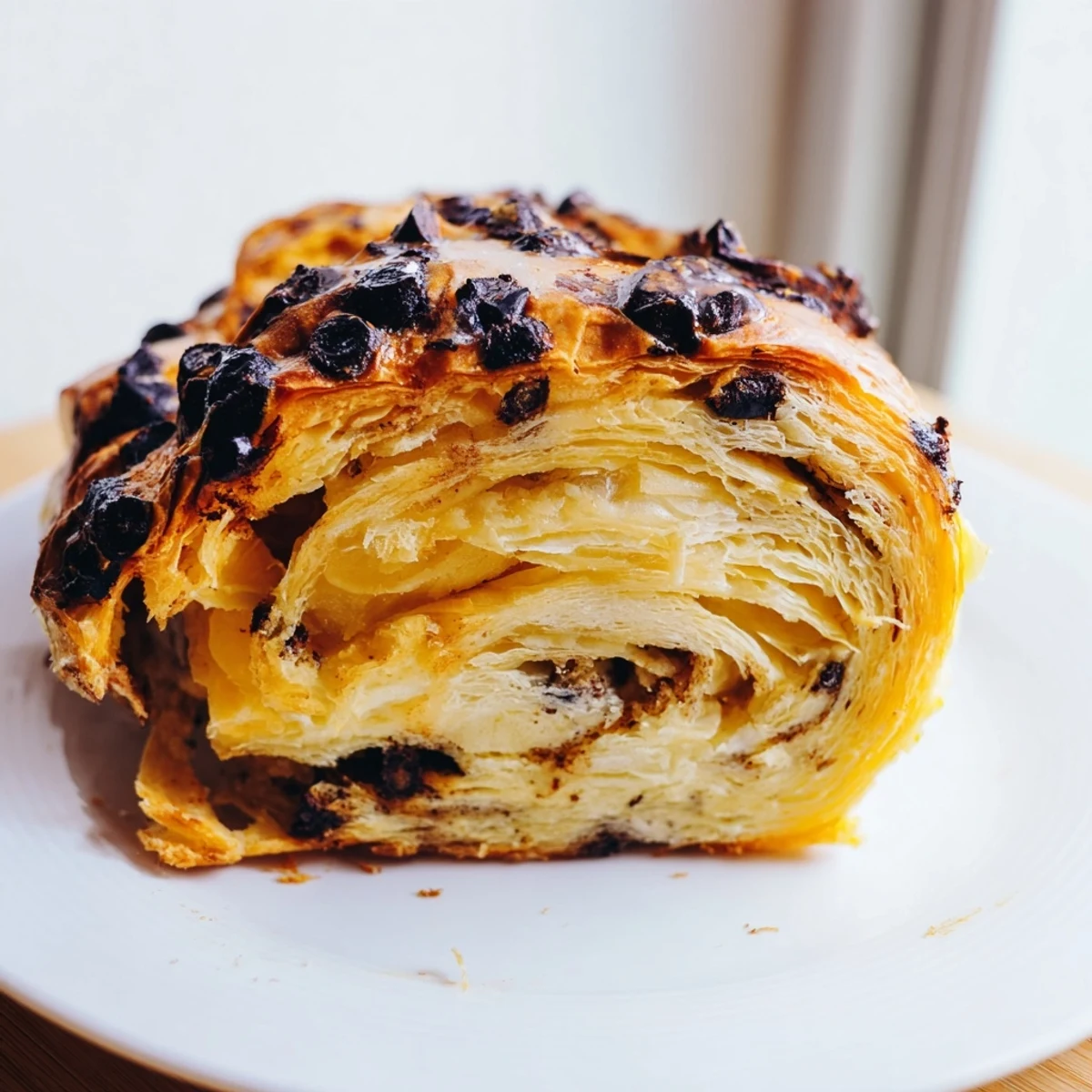 Close-up of a delightful Crookie, showcasing the flaky pastry and chocolatey cookie goodness.