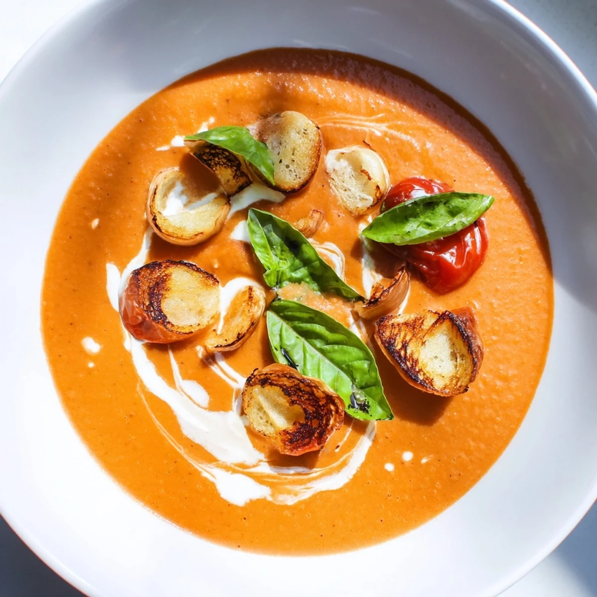 Creamy roasted garlic tomato soup in a bowl, garnished with basil and ready to be enjoyed.