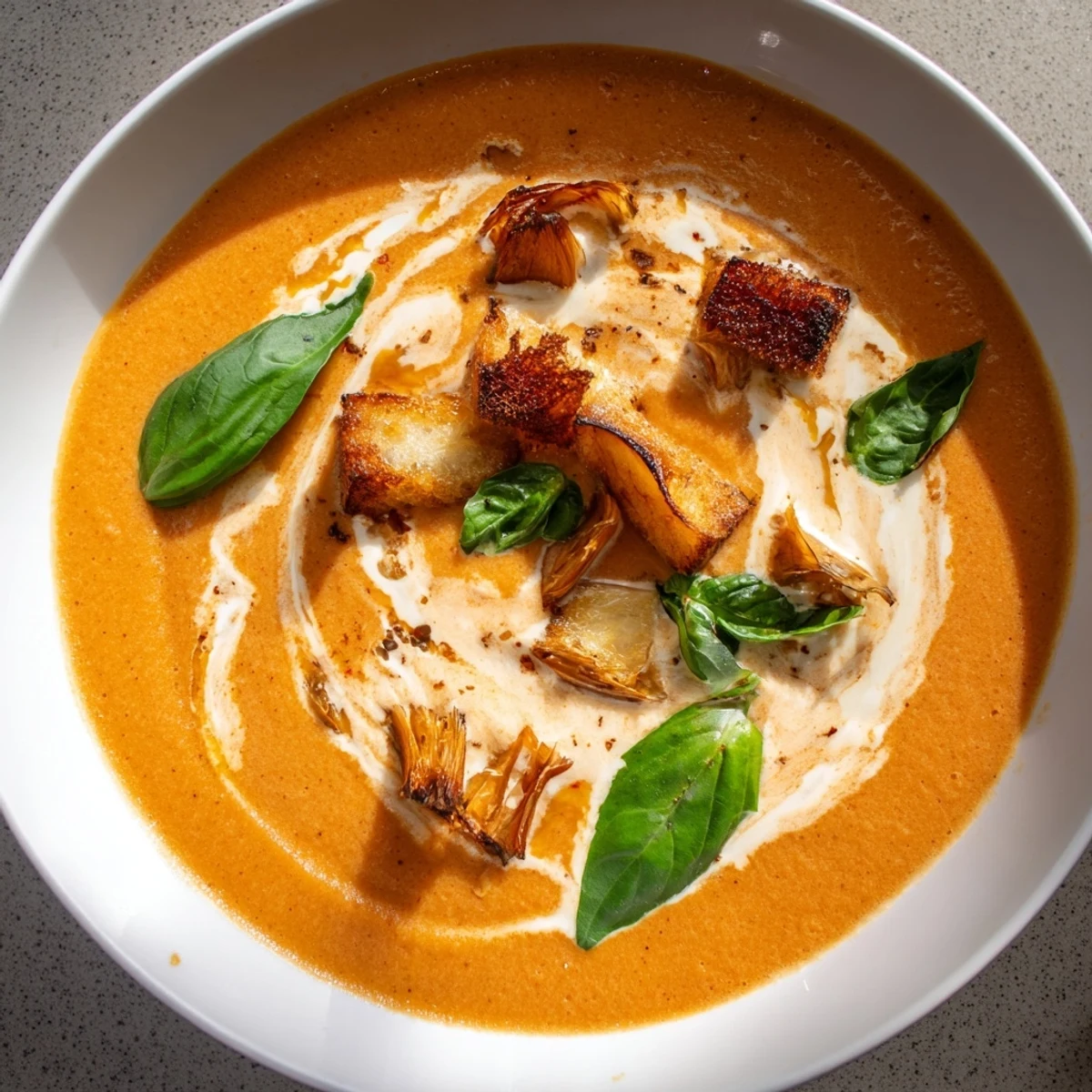 Warm, flavorful creamy roasted garlic tomato soup, ready on a table with fresh herbs.
