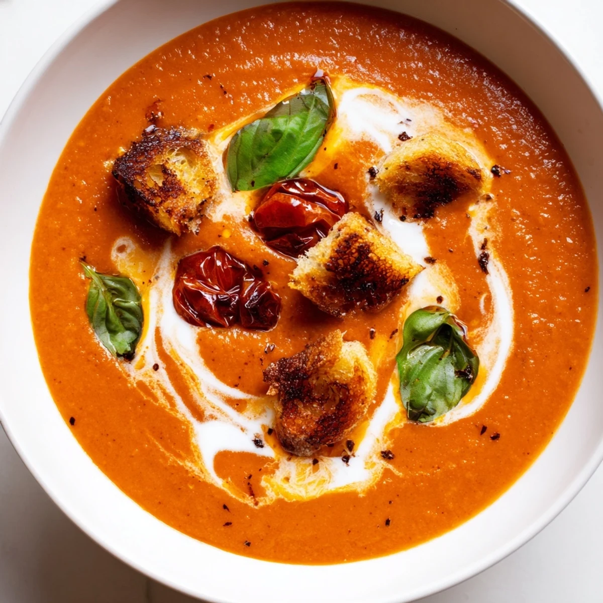 A close-up shot of rich, creamy roasted garlic tomato soup with crusty bread for dipping.