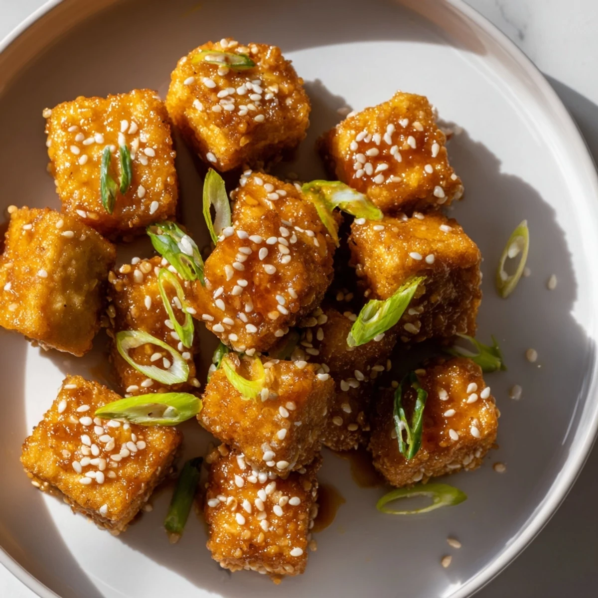 Savory and sweet, air-fried Honey Sriracha Tofu Nuggets ready to be served; a flavorful vegetarian snack.
