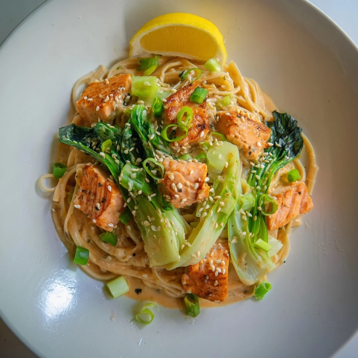 Tender miso butter salmon pasta, served with wilted bok choy and a sprinkle of fresh scallions.