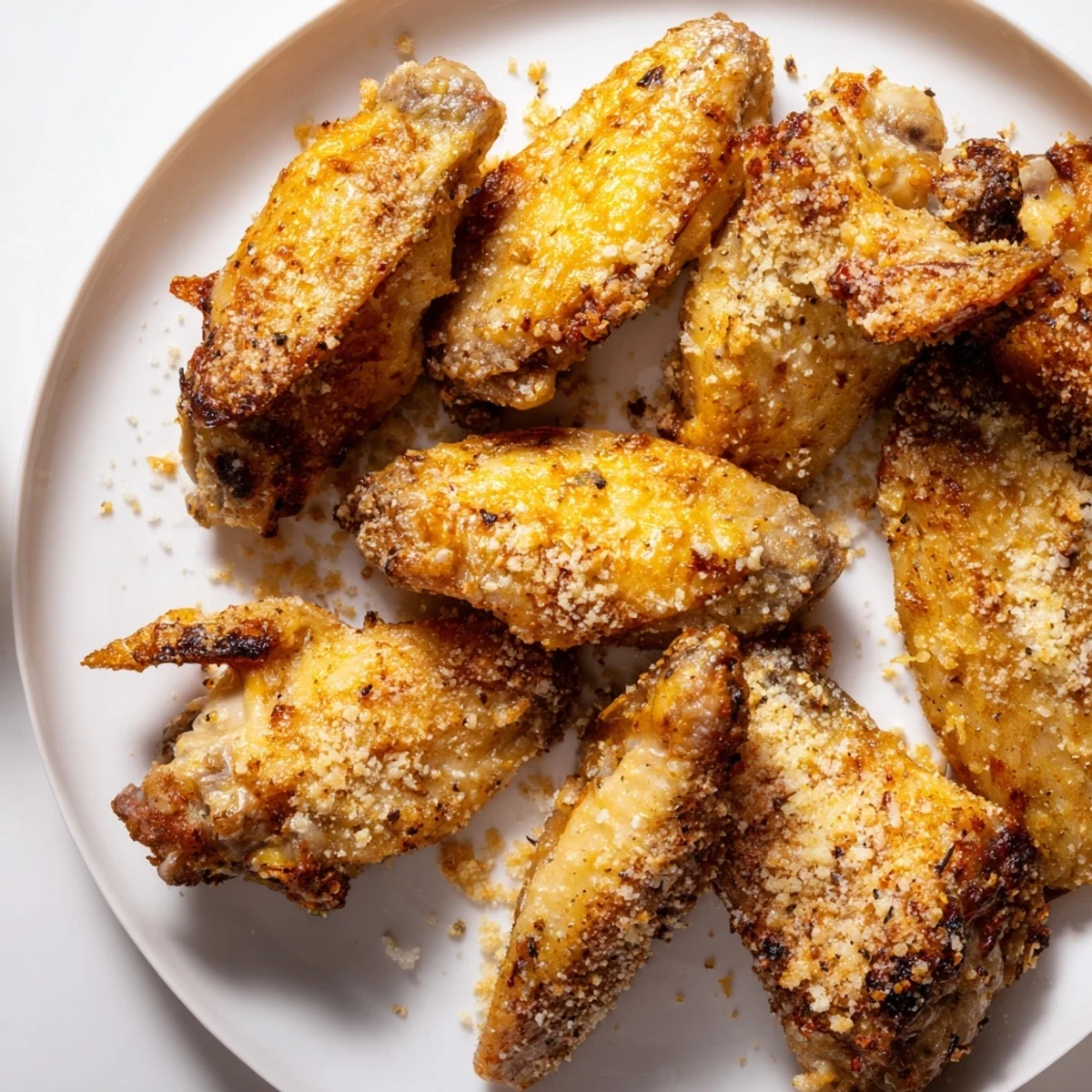 Freshly baked Parmesan chicken wings, expertly coated and ready for dipping in your favorite sauce.