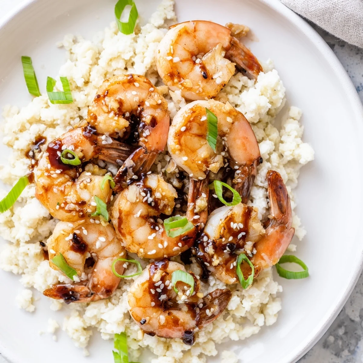Steaming ginger garlic shrimp bowls served with vibrant green onions and toasted sesame seeds, ready to eat.