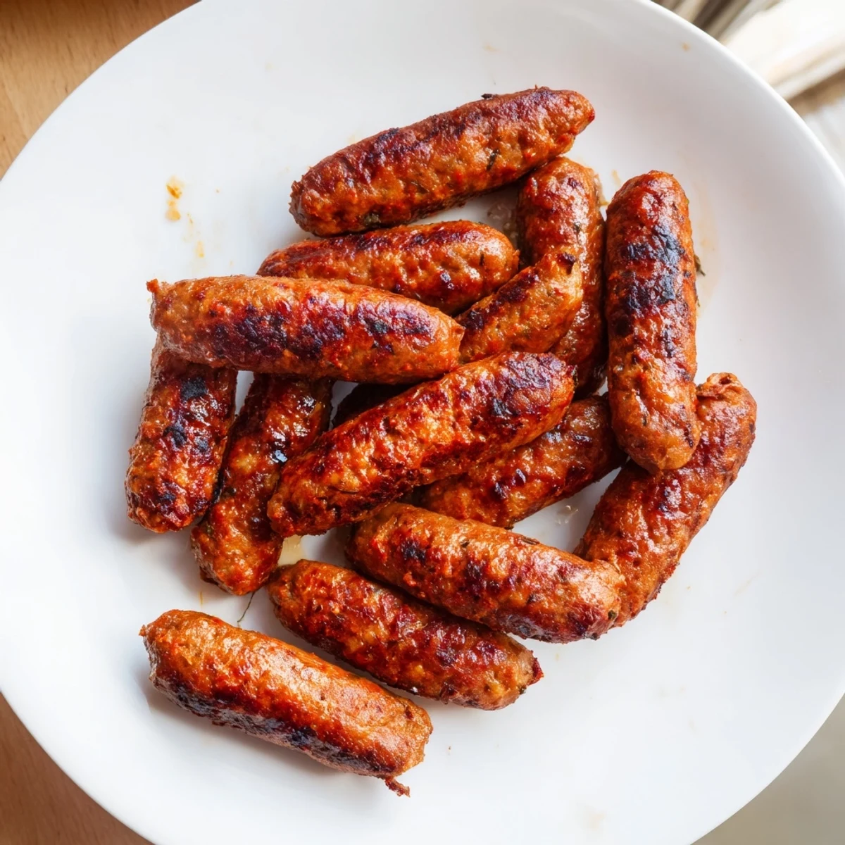 Grilled Romanian mici sausages, browned and sizzling, ready to enjoy with mustard.