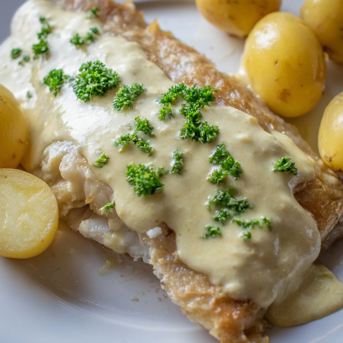 Steaming, flaky Norwegian Lutefisk with a rich, creamy mustard sauce, ready to be enjoyed.