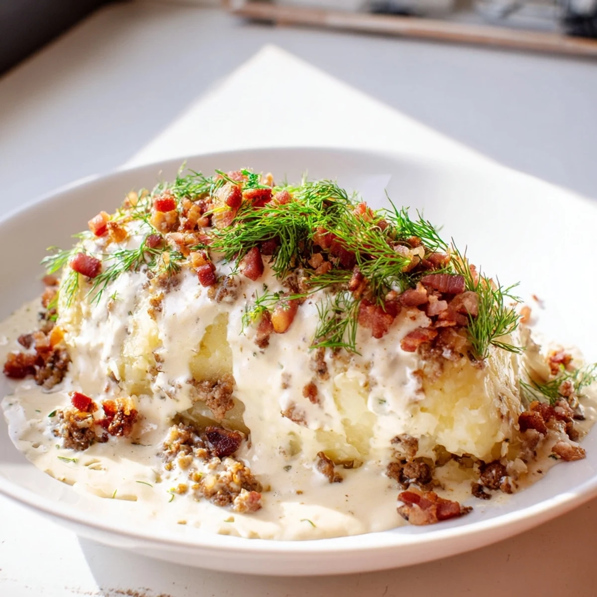 A close-up of golden-brown Lithuanian Cepelinai, showing the potato dough and meat filling.